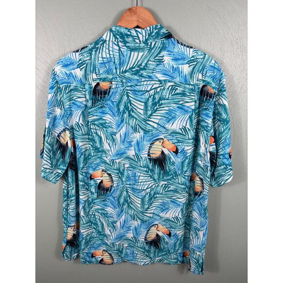 Carribean Men's Size Medium Blue Silk Blend Palm Toucan Hawaiian Tropical Shirt - Picture 10 of 11